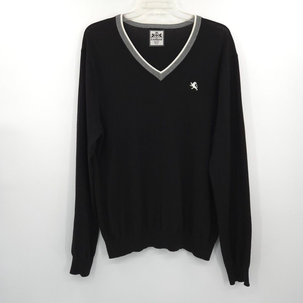 Express mens V-neck pullover‎ sweater Size XL black 100% cotton lion logo